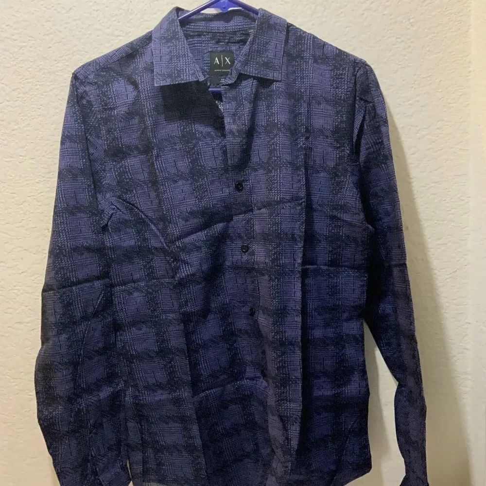 AX Armani Exchange Shirt Men’s S purple slim adjust Plaid Button Up Long Sleeve